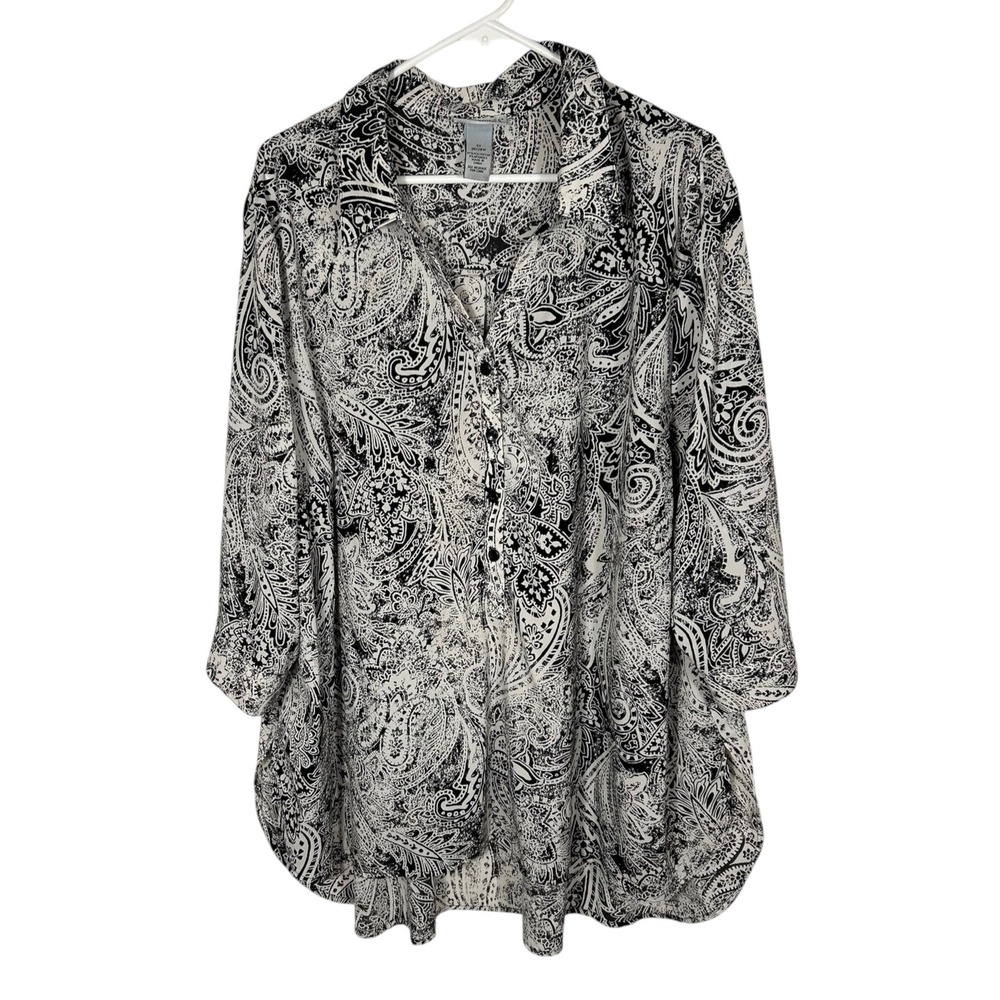 Catherines 3X Black White Paisley Print Tunic Top 3/4 Sleeve Button Front 26/28W